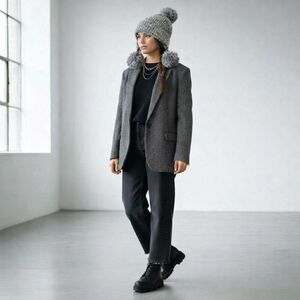 KAVU Cloud Nine Pom Pom Beanie Hat Mineral Gray Chunky Knit Ear Flap New, OS